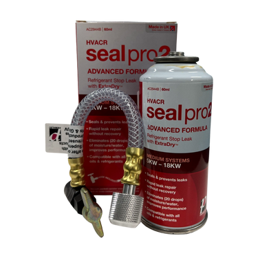 SEAL PRO 2 ADVANCED: seals leaks in all commercial and industrial systems. Includes disposable connector hose. Compatible with all refrigerants & lubricants. Systems 5 kw to 18 kW.