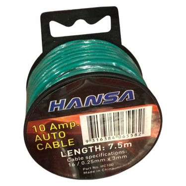 10 AMP AUTO CABLE 7.5M - 16/0.25mm x 3mm GREEN